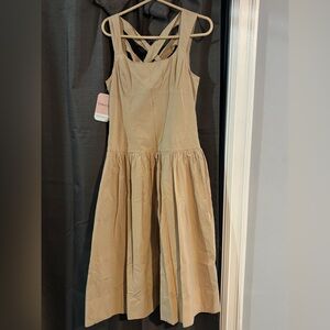 Sleeveless Square Neck Midi Dress with Cross Back - Beige